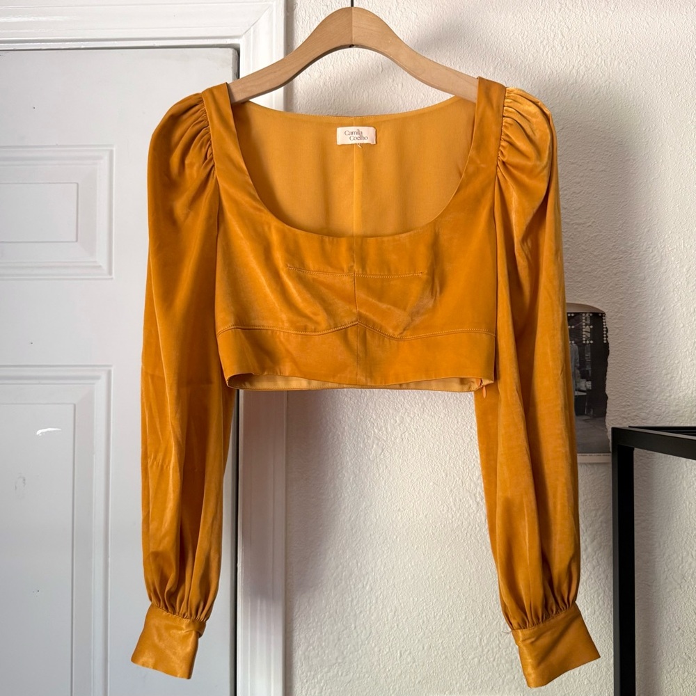 CAMILA COELHO mustard yellow square neck cropped puff long sleeve blouse top
